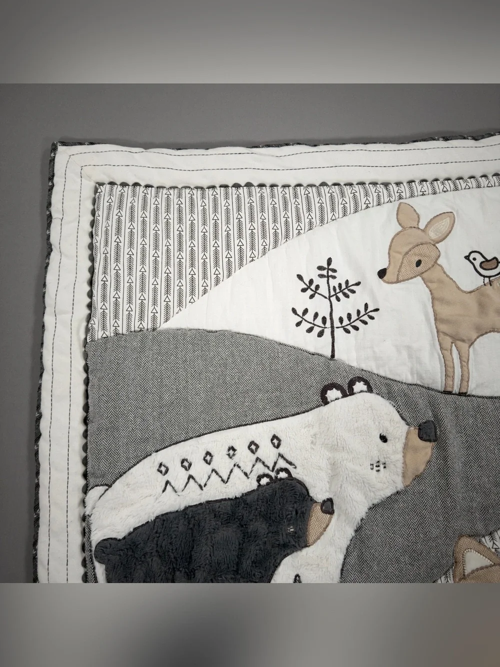 Levtex Baby Woodland Crib Quilt Blanket Bear Fox Deer Nursery Grey White 34x41